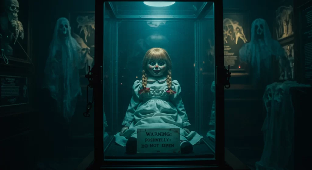 A boneca Annabelle real dentro de sua caixa de vidro no museu, um dos mais famosos objetos amaldiçoados reais do mundo.