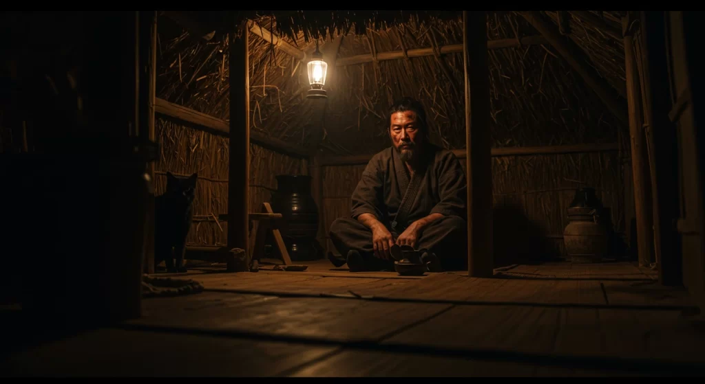 O ronin Kenji em sua cabana, antes do ato de crueldade que deu início ao conto de Bakeneko.