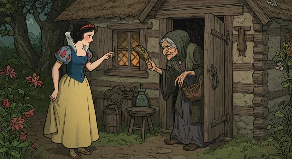 A Rainha Má disfarçada na verdadeira história da Branca de Neve, com o pente envenenado.