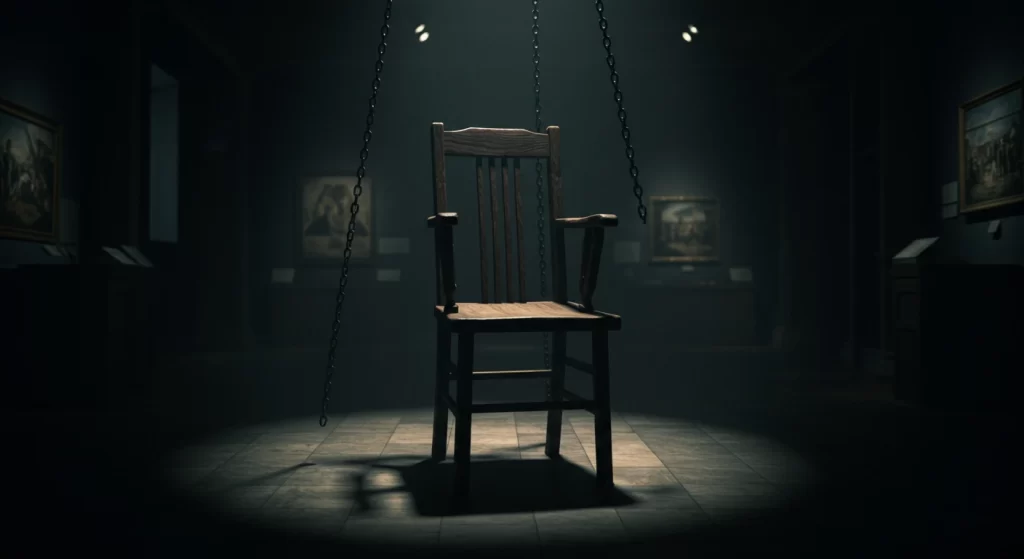 A Cadeira da Morte de Thomas Busby suspensa no museu, um dos mais letais objetos amaldiçoados reais da Inglaterra.