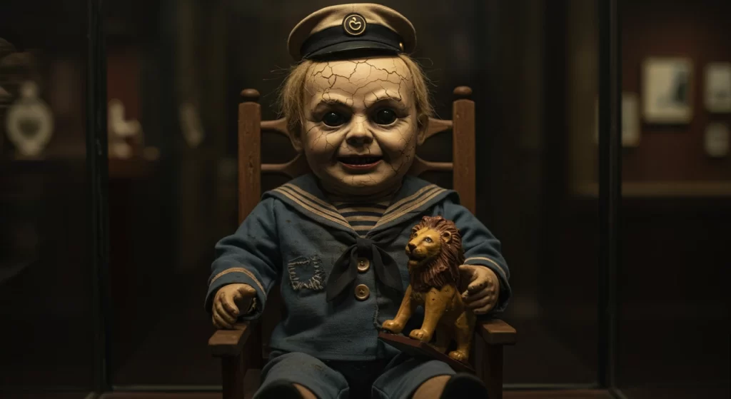 O boneco Robert sentado em sua cadeira no museu, um exemplo assustador de objetos amaldiçoados reais com uma história de vodu.