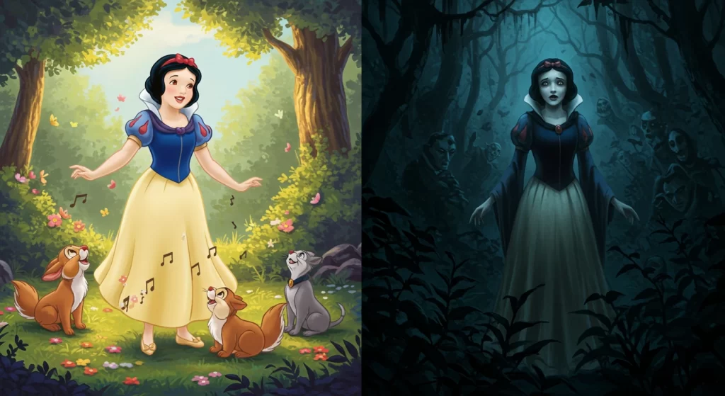 Comparação entre a versão da Disney e a verdadeira história da Branca de Neve dos Irmãos Grimm.